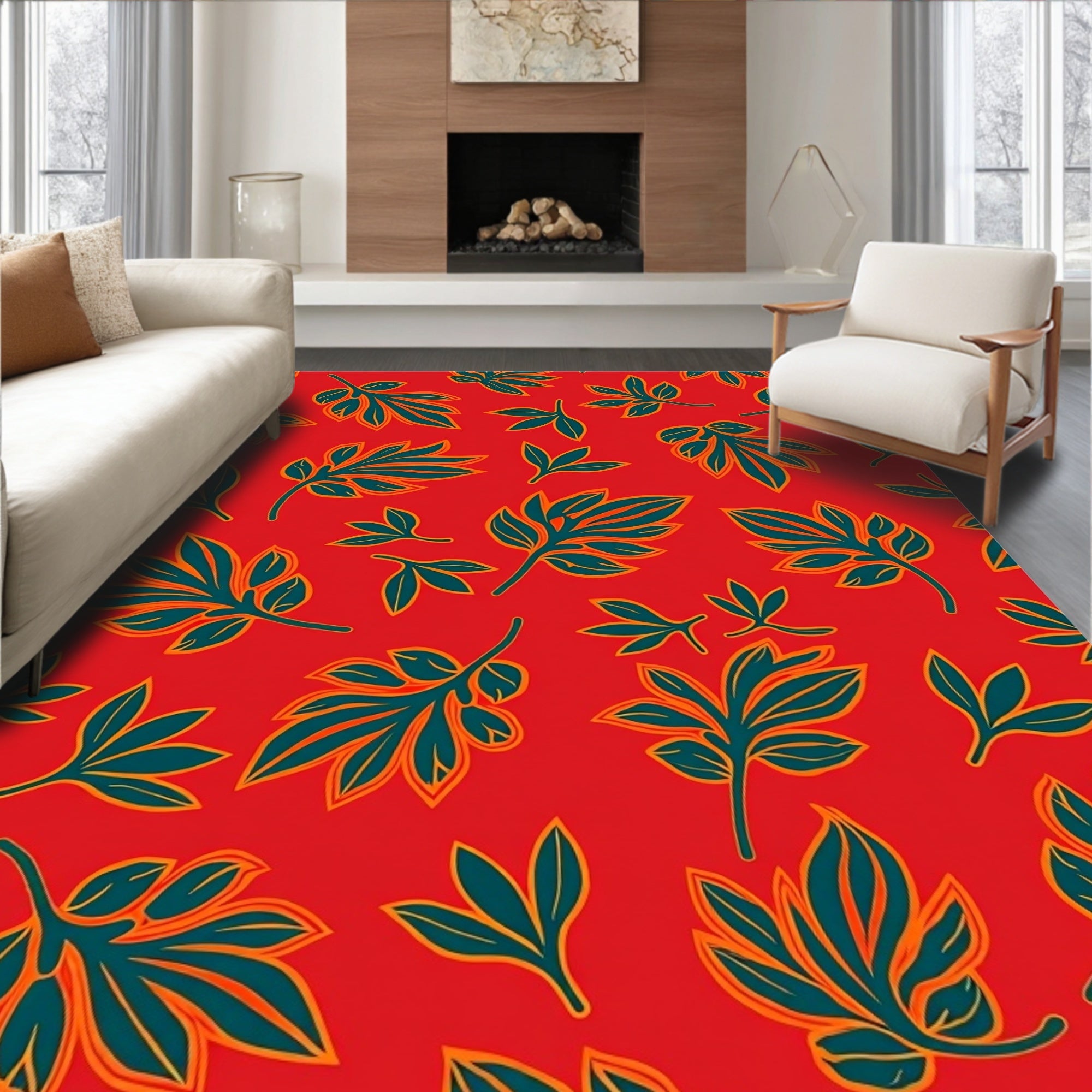 Vibrant Leaf Pattern Red Area Rug