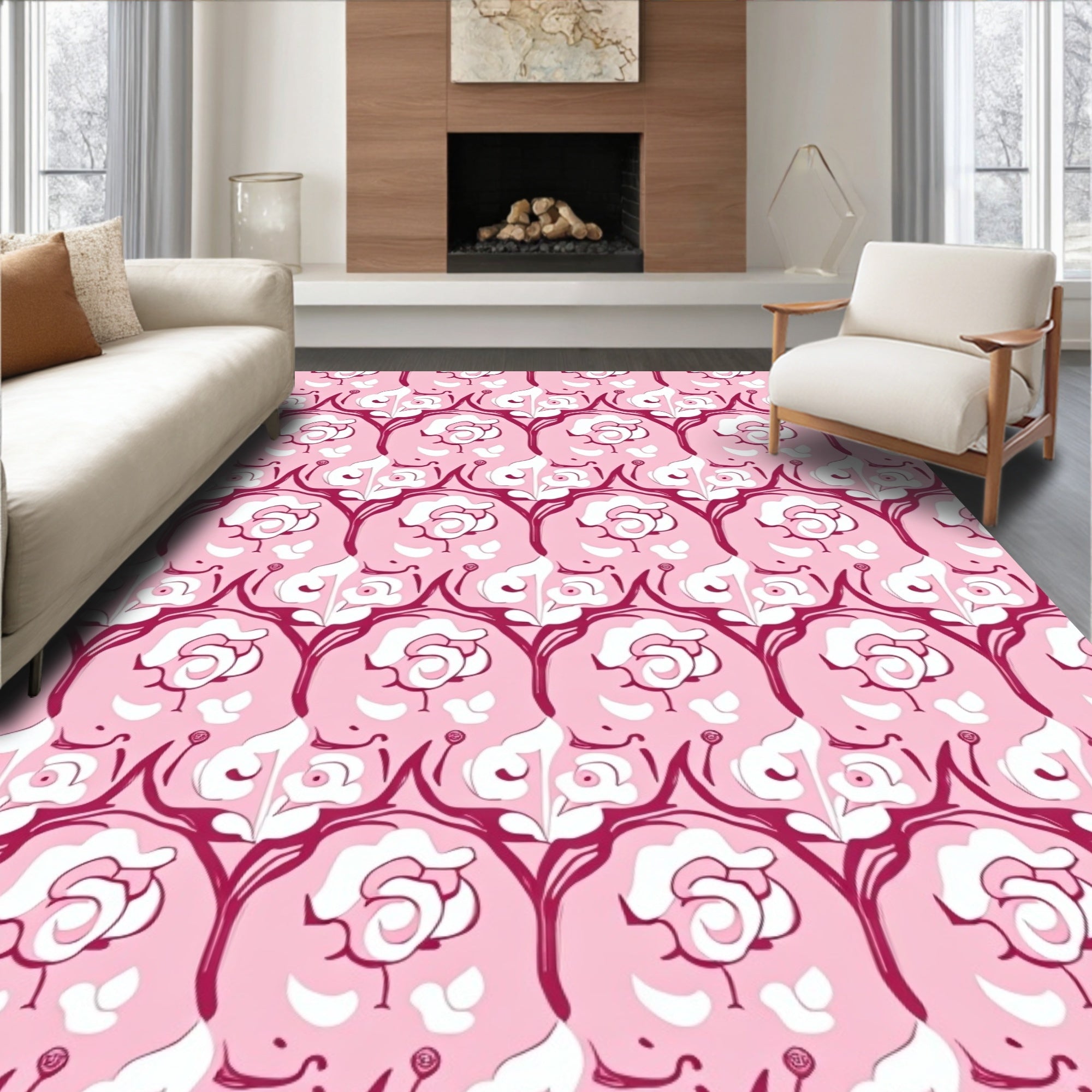 Pink Floral and Leaf Art Nouveau Rug