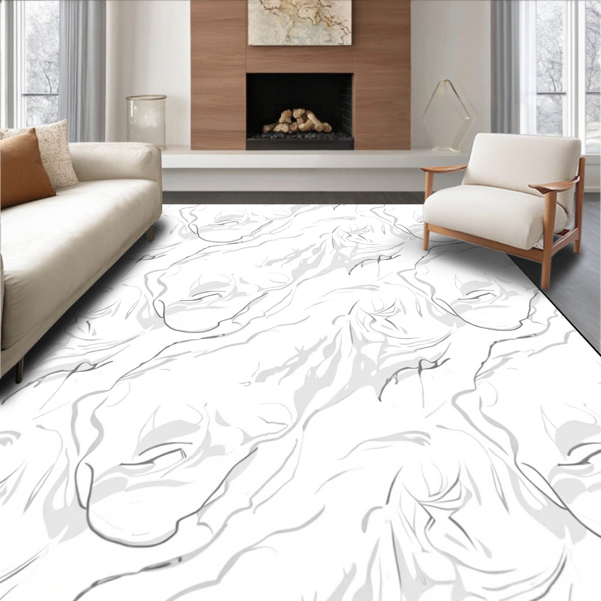 Flowing Abstract White-Gray Swirls Pattern Rug