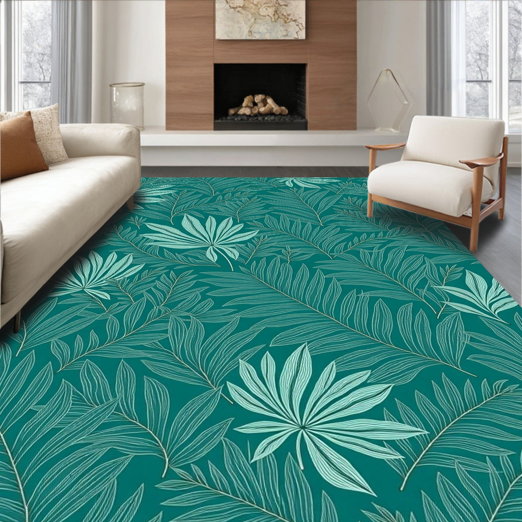 Teal Tropical Leaf Outline Pattern Rug