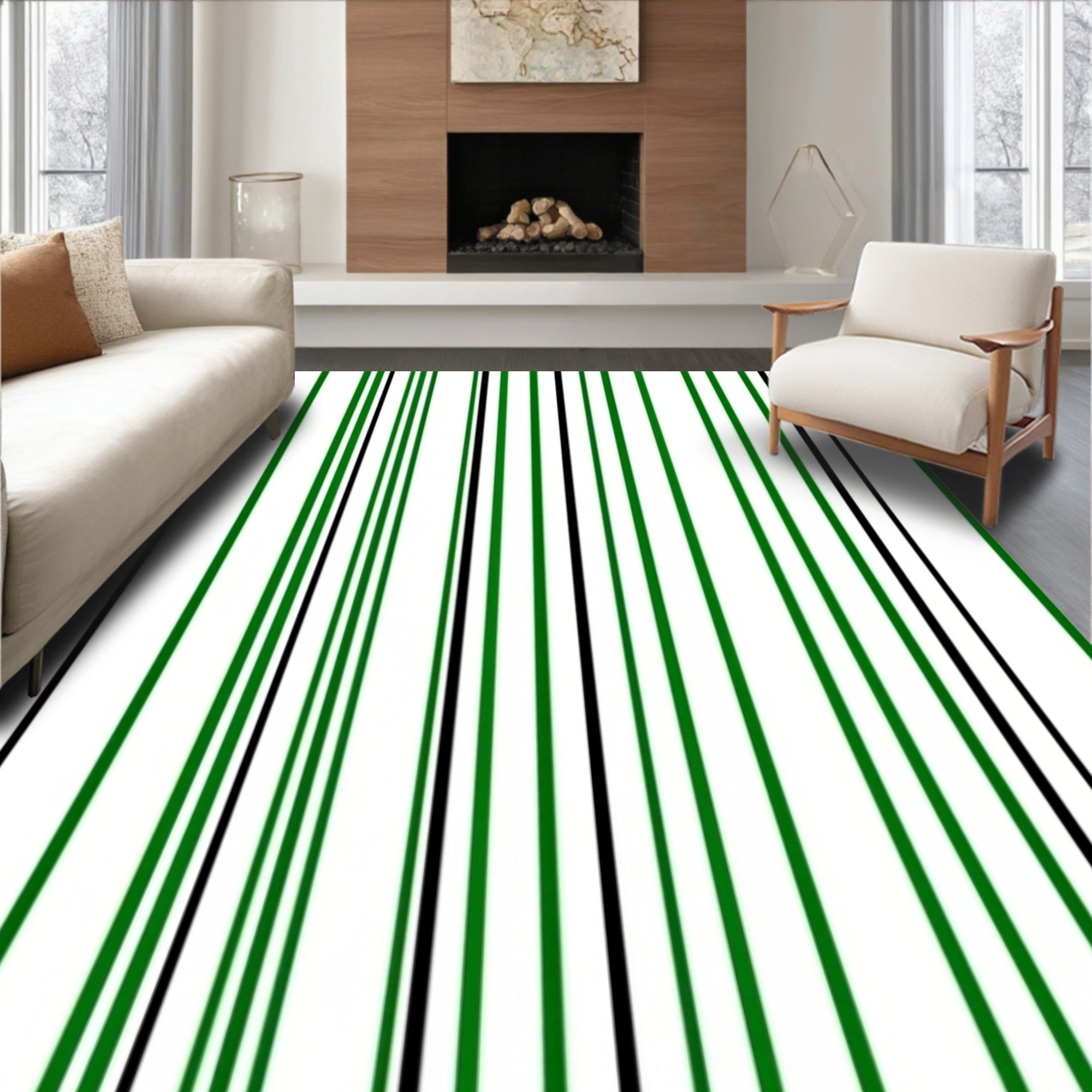 Vertical Green Black Stripe Pattern Rug