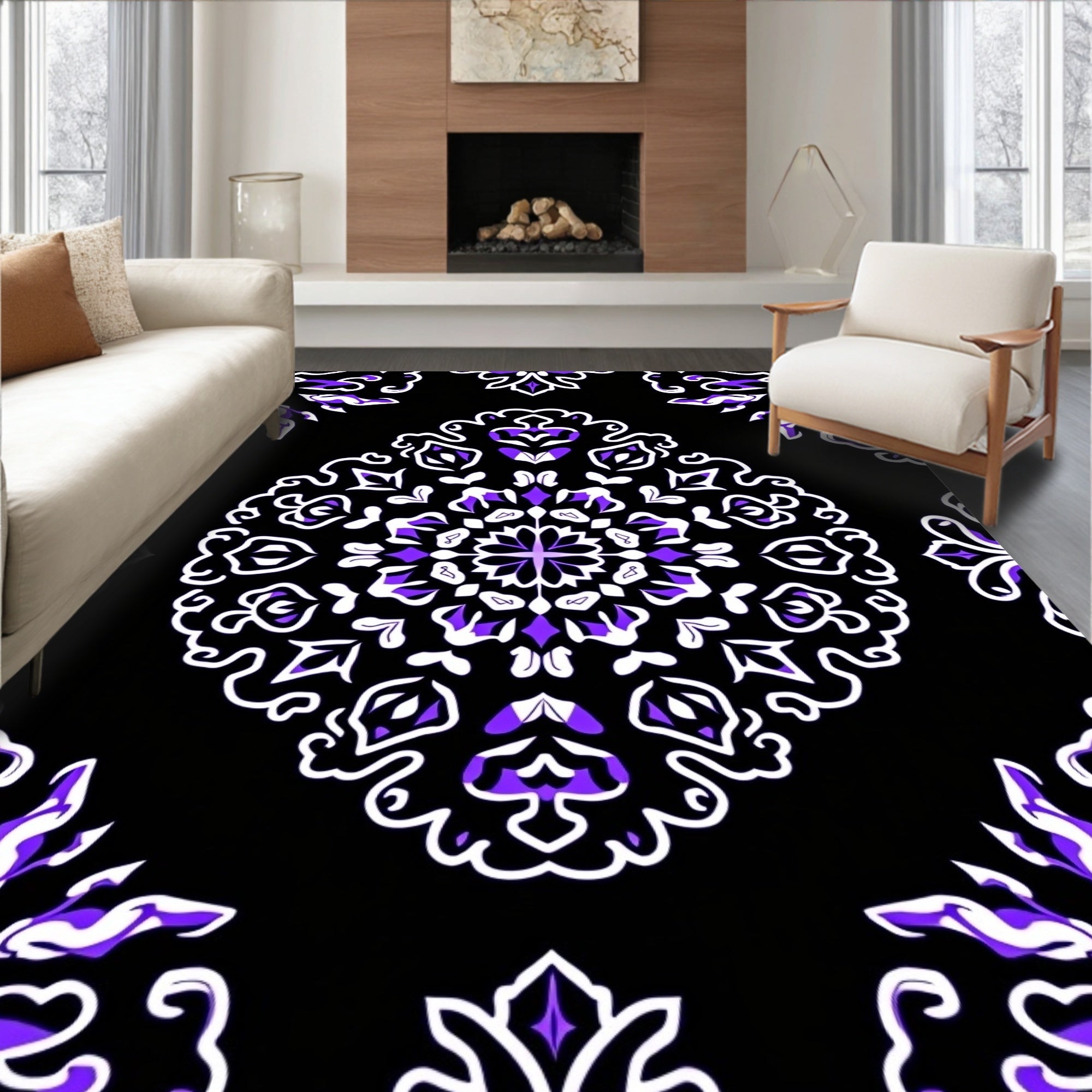 Mandala Pattern Black Purple White Rug