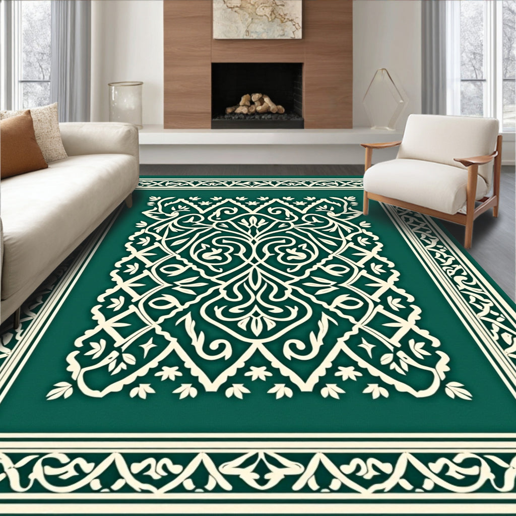 Intricate White Floral Scrollwork Design Rug