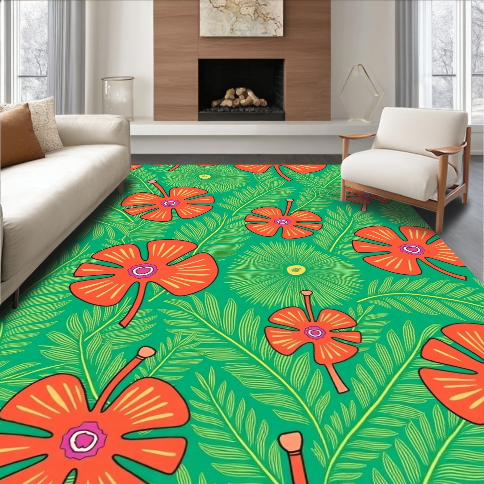 Vibrant Tropical Floral Pattern Rug