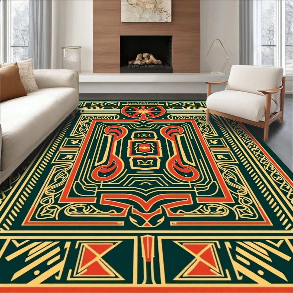 Intricate Red Gold Geometric Pattern Rug