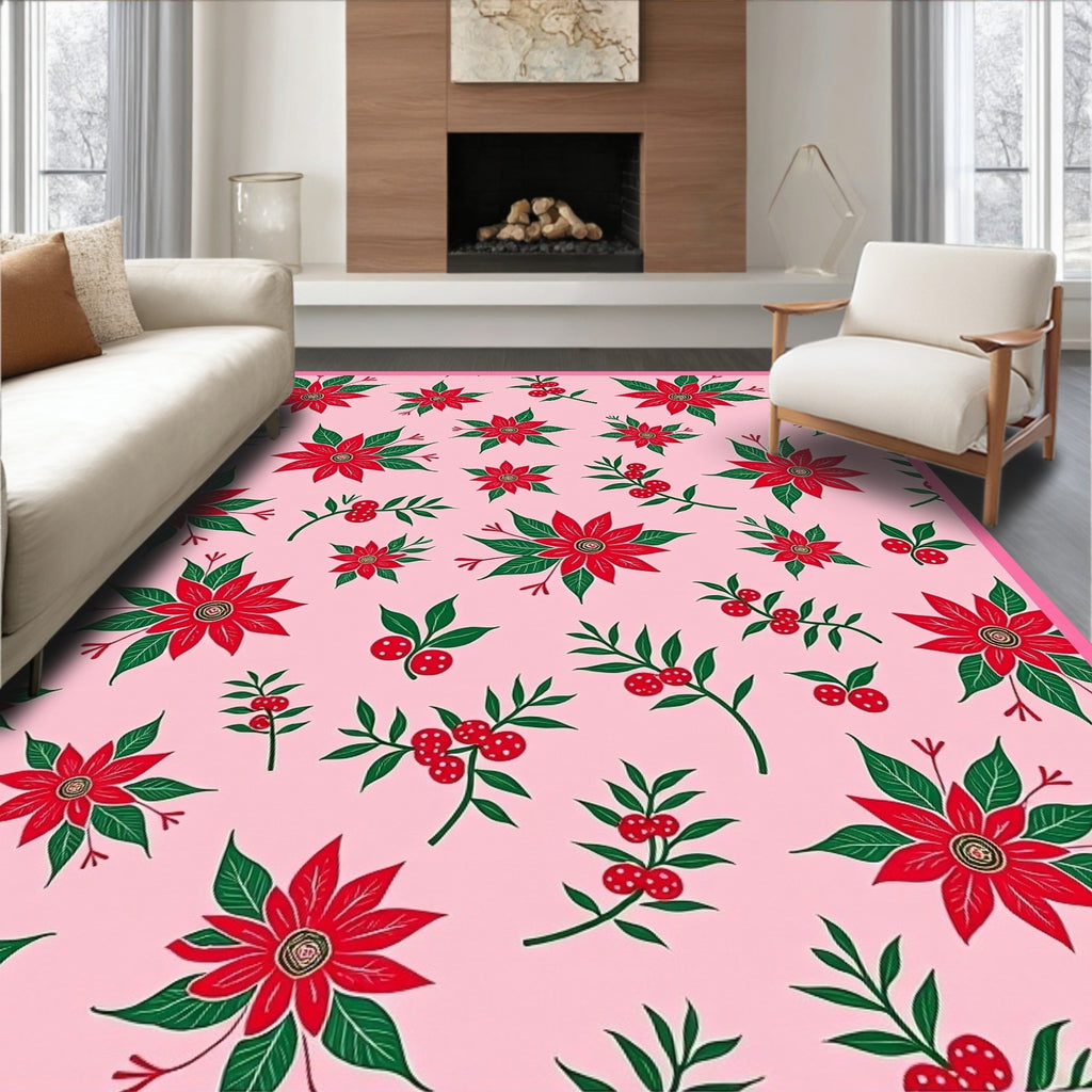 Red Poinsettia Holly Berries Rug