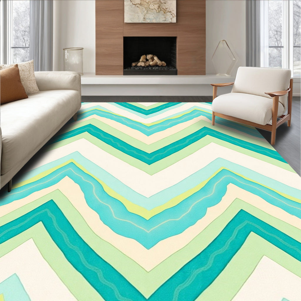 Aqua Green Chevron Waves Design Rug