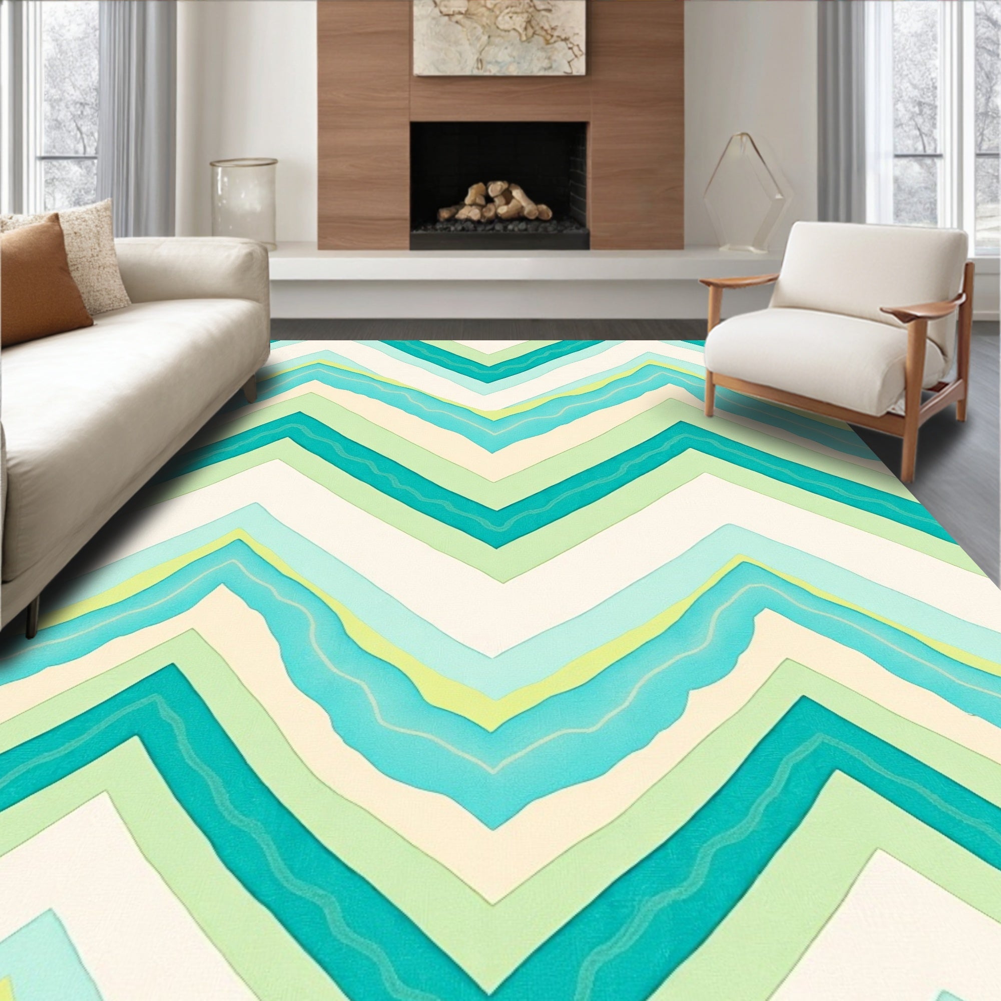 Aqua Green Chevron Waves Design Rug
