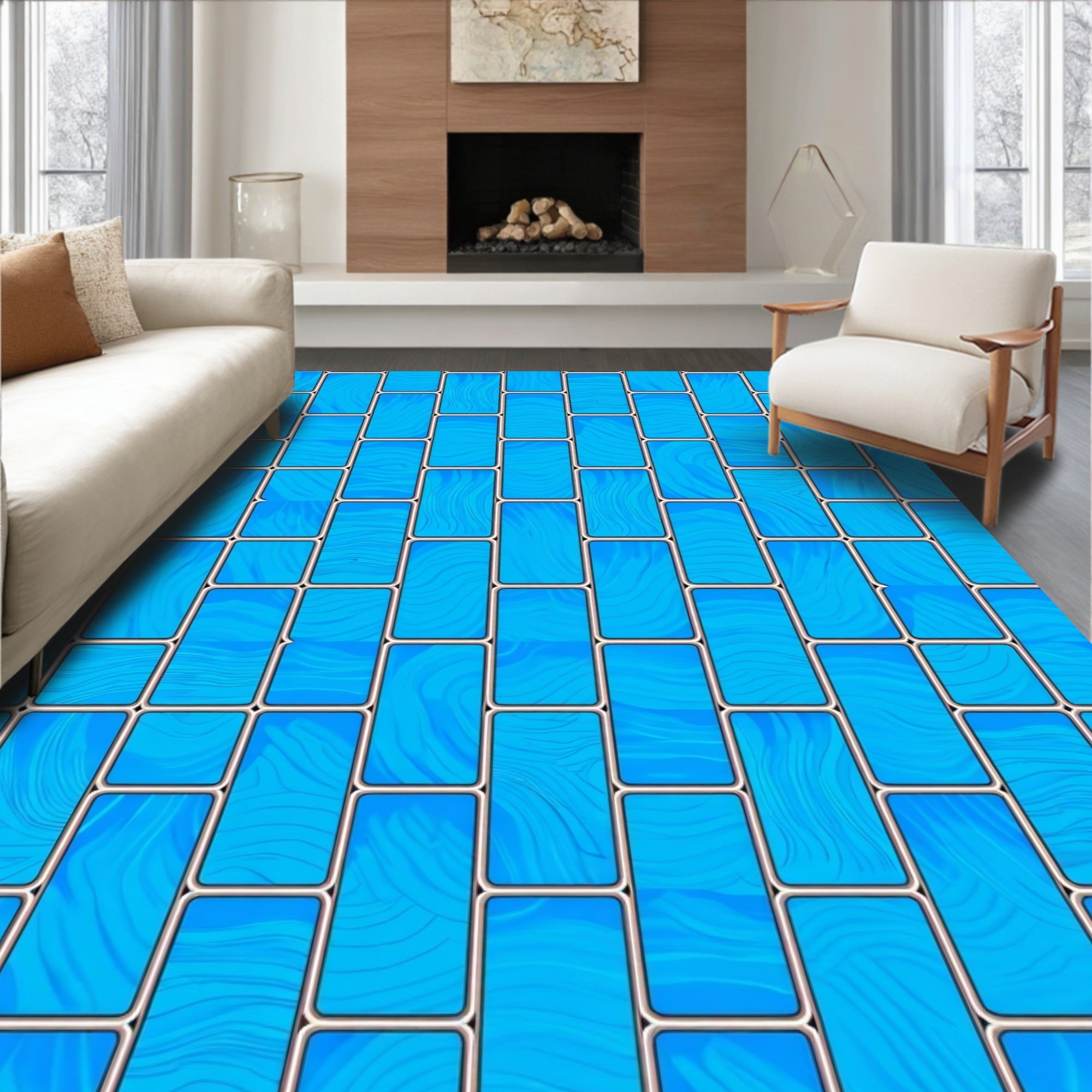 Blue Wood Grain Brick Pattern Rug