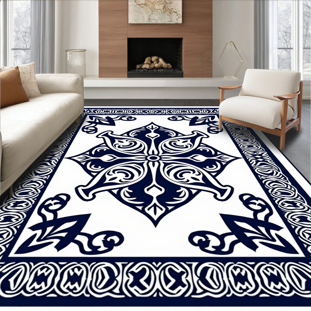 Intricate Geometric Patterned Navy Rug