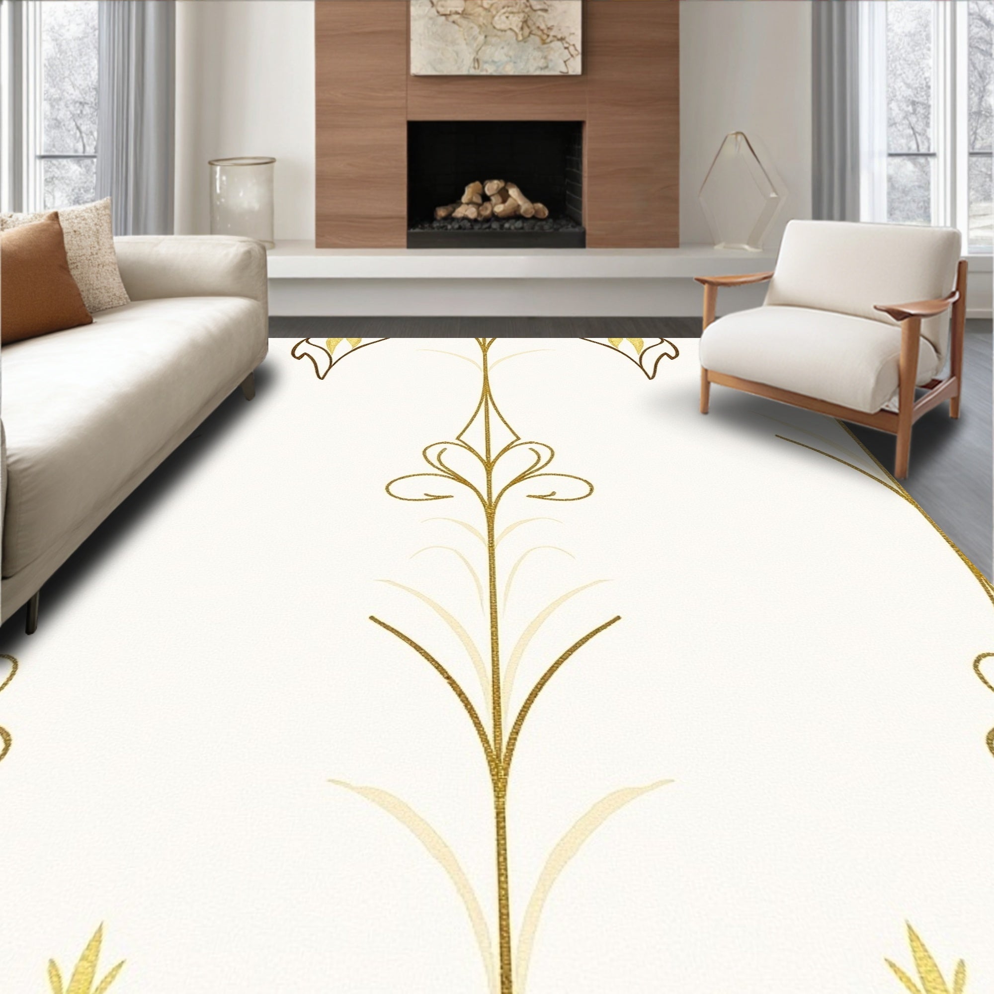 Elegant Gold Leaf Scroll Patterned Rug