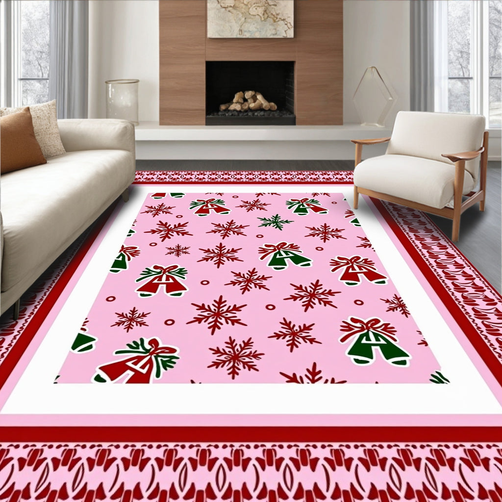 Pink Snowflakes and Bells Border Rug