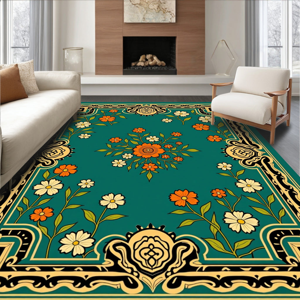 Orange and White Flower Bordered Design Rug