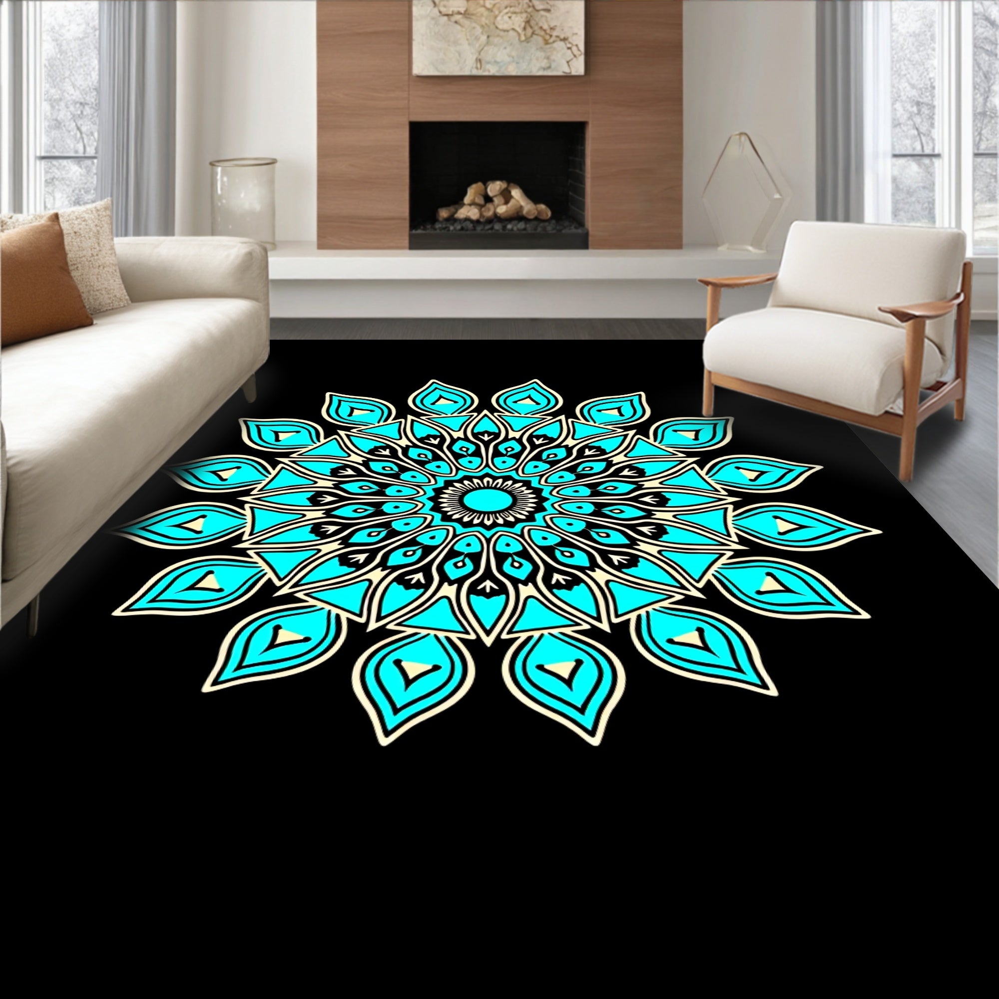 Mandala Style Cyan Floral Design Rug
