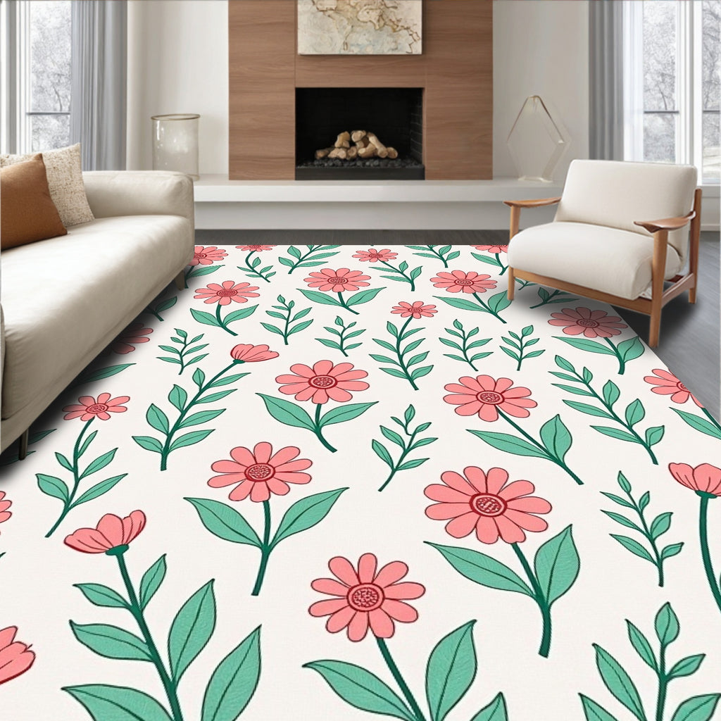 Delicate Coral Floral Leaf Pattern Rug