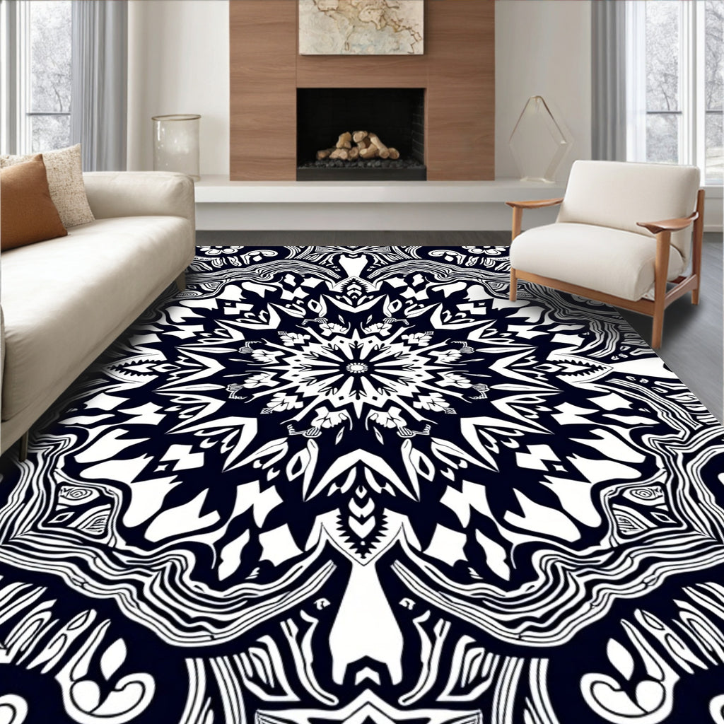 Intricate Black and White Mandala Rug