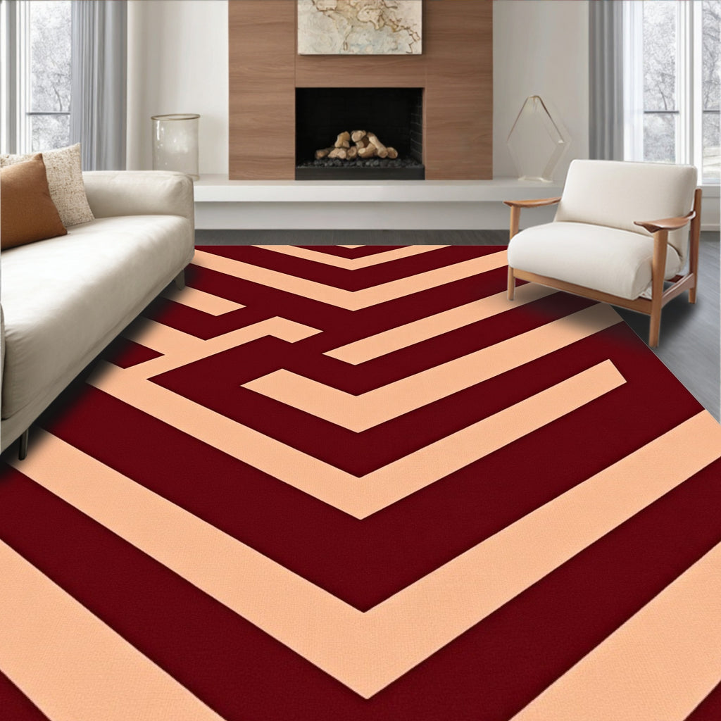 Bold Maroon and Cream Chevron Pattern Rug