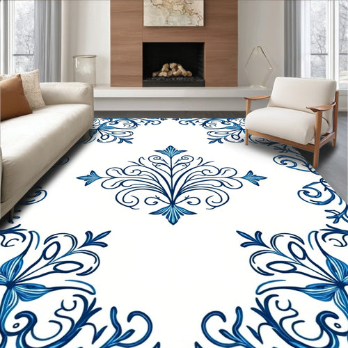 Blue Baroque Scrollwork Pattern Rug