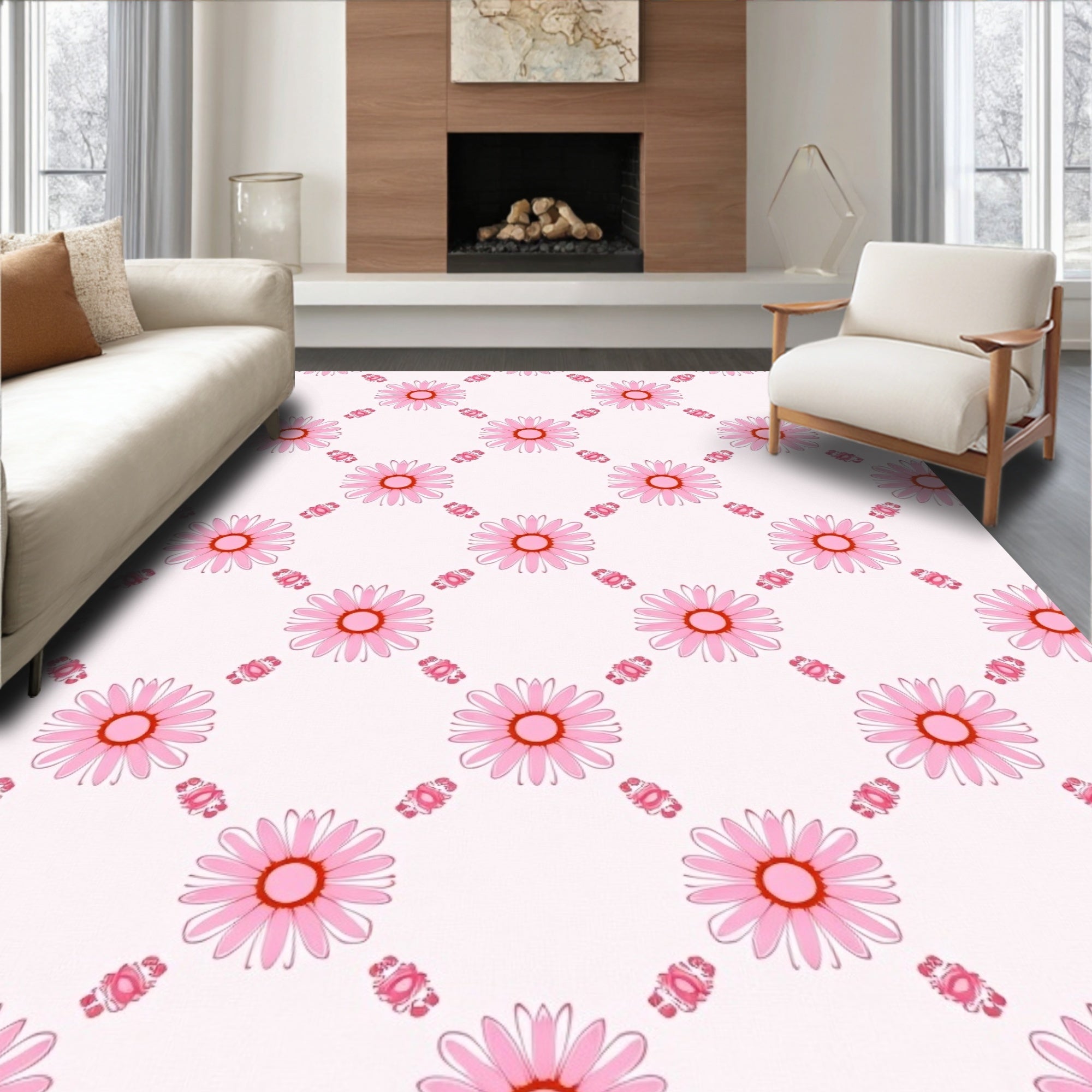 Pink Daisy Floral Pattern Rug