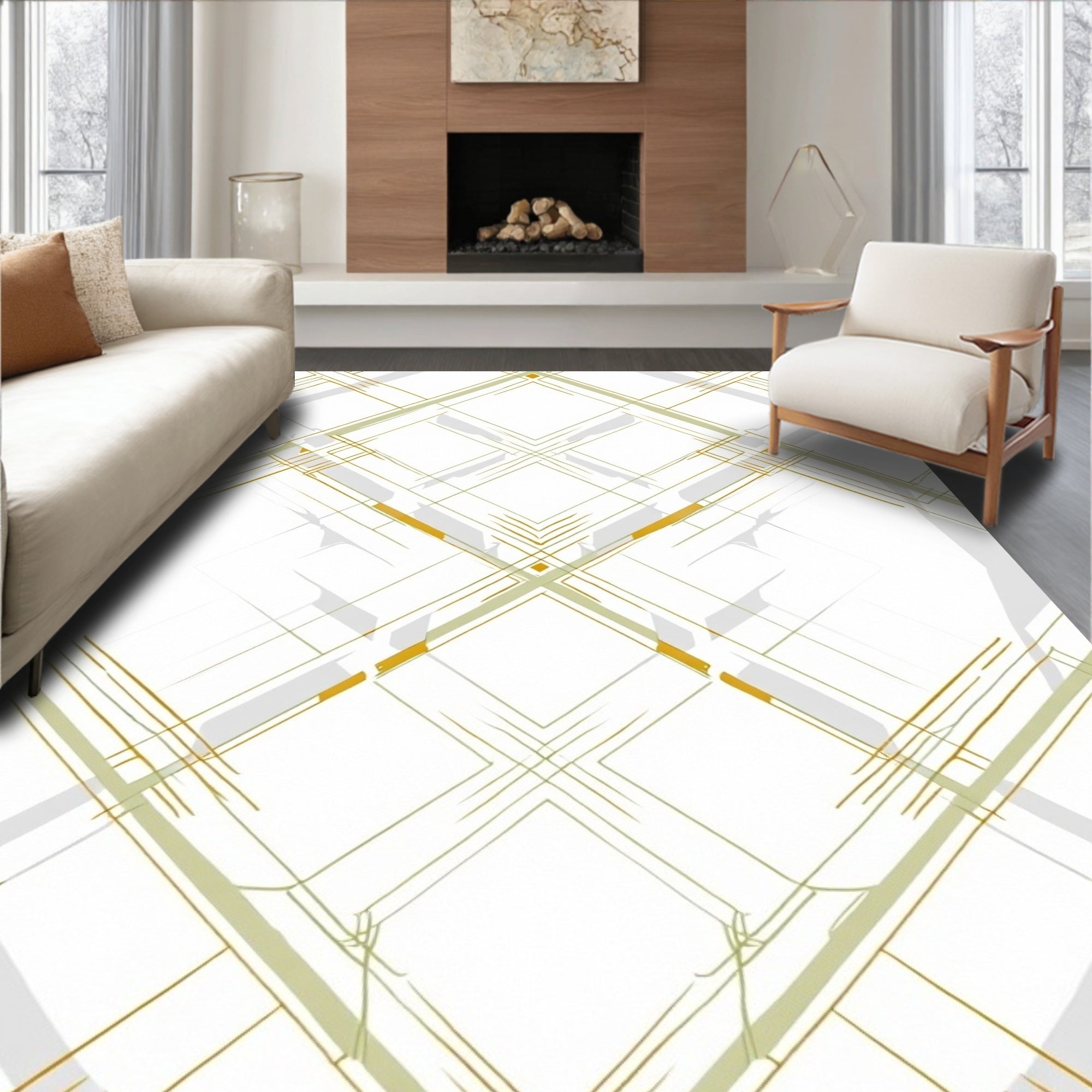 Gold and White Diamond Geo Rug