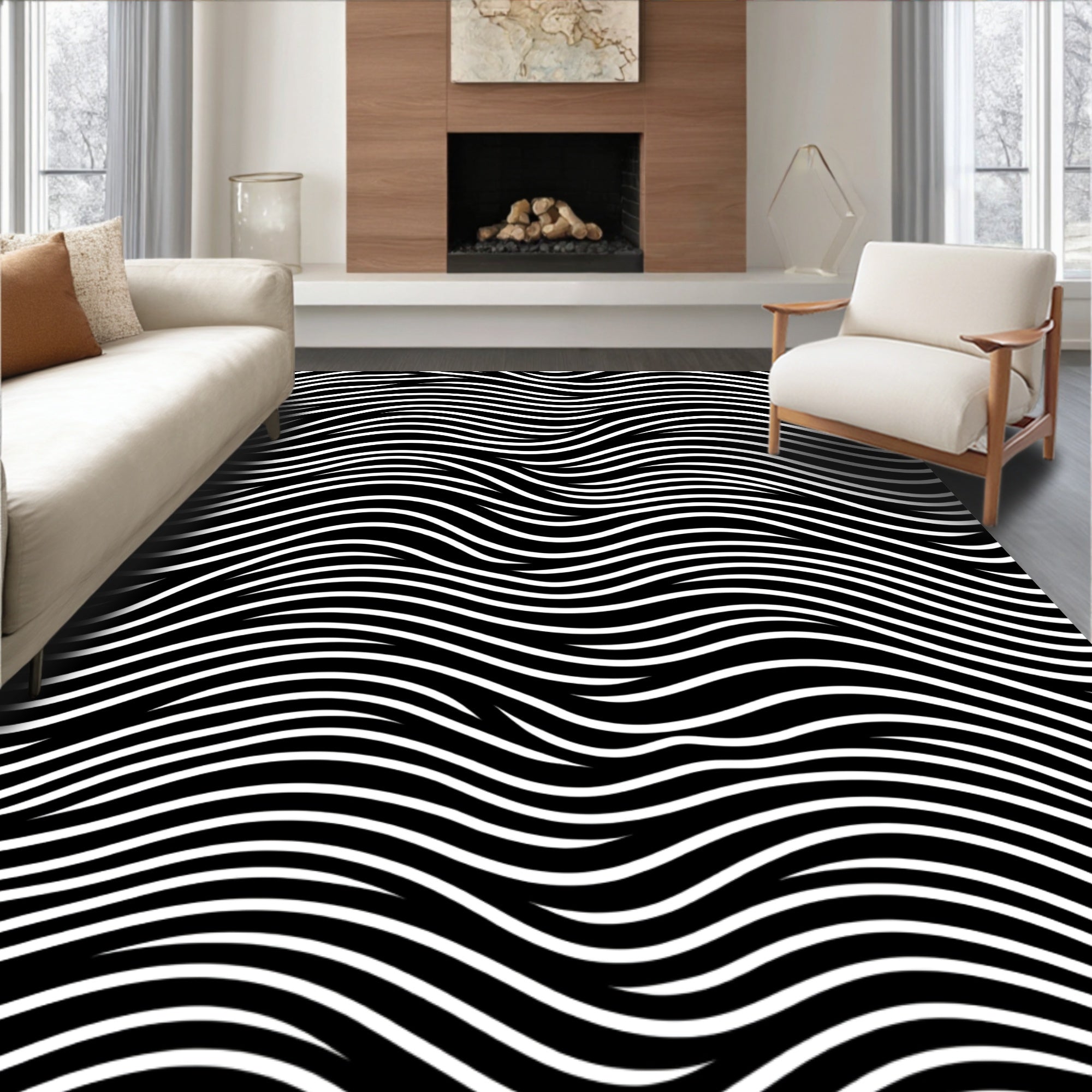 Black White Wavy Line Design Rug