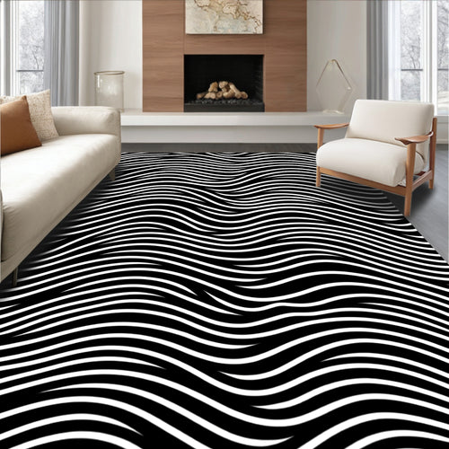 Black White Wavy Line Design Rug