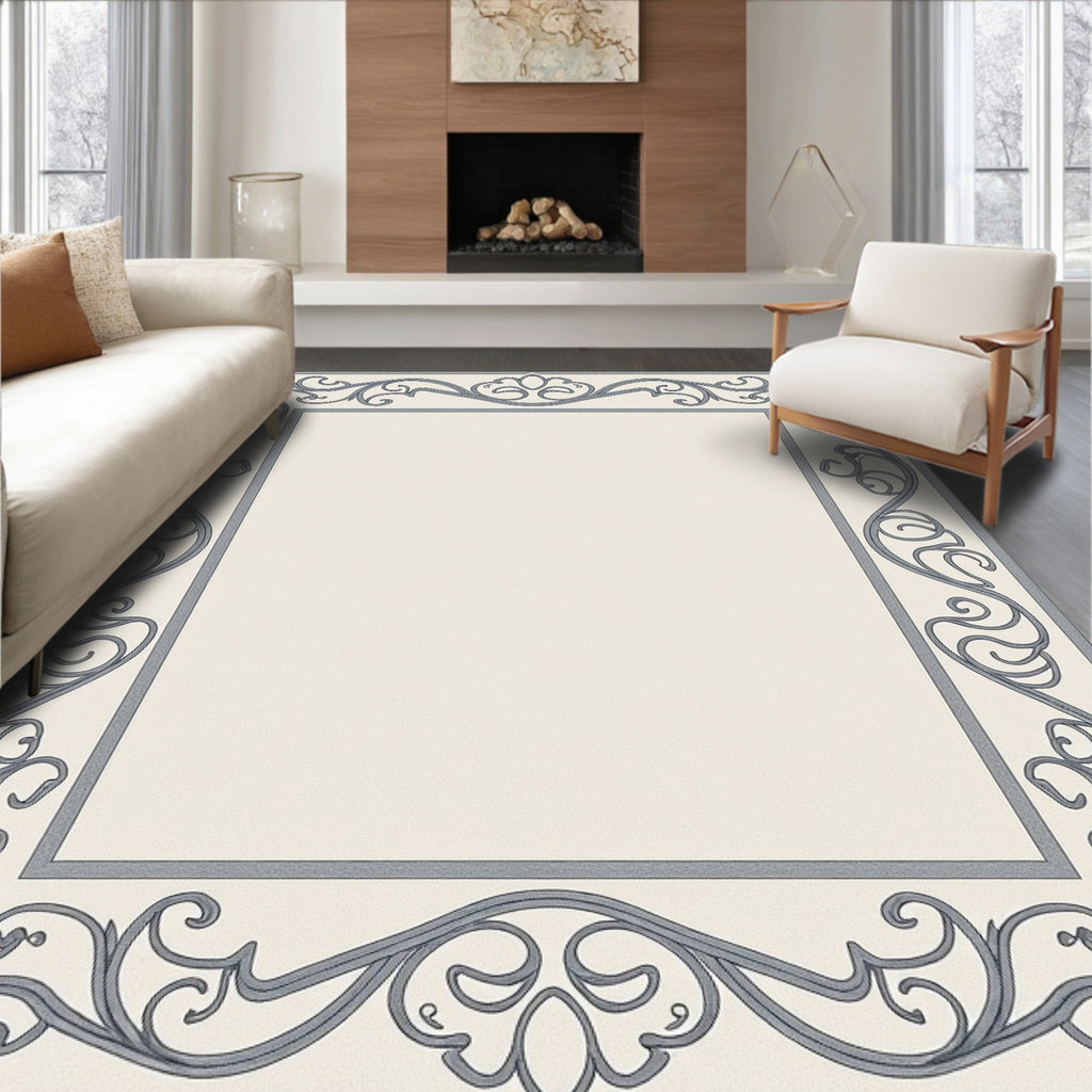 Elegant Grey Scrollwork Border Rug