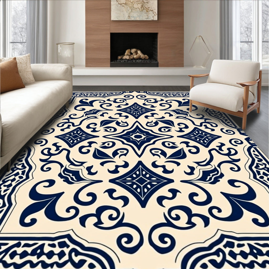 Ornate Indigo Floral Scroll Design Rug