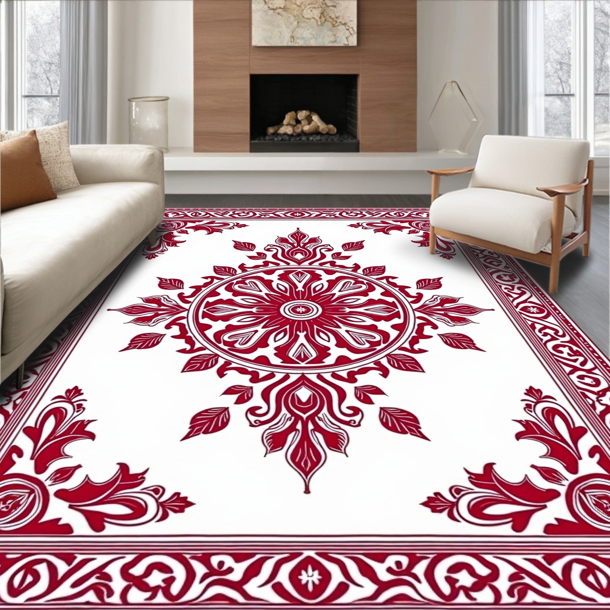 Classic Red White Medallion Border Rug