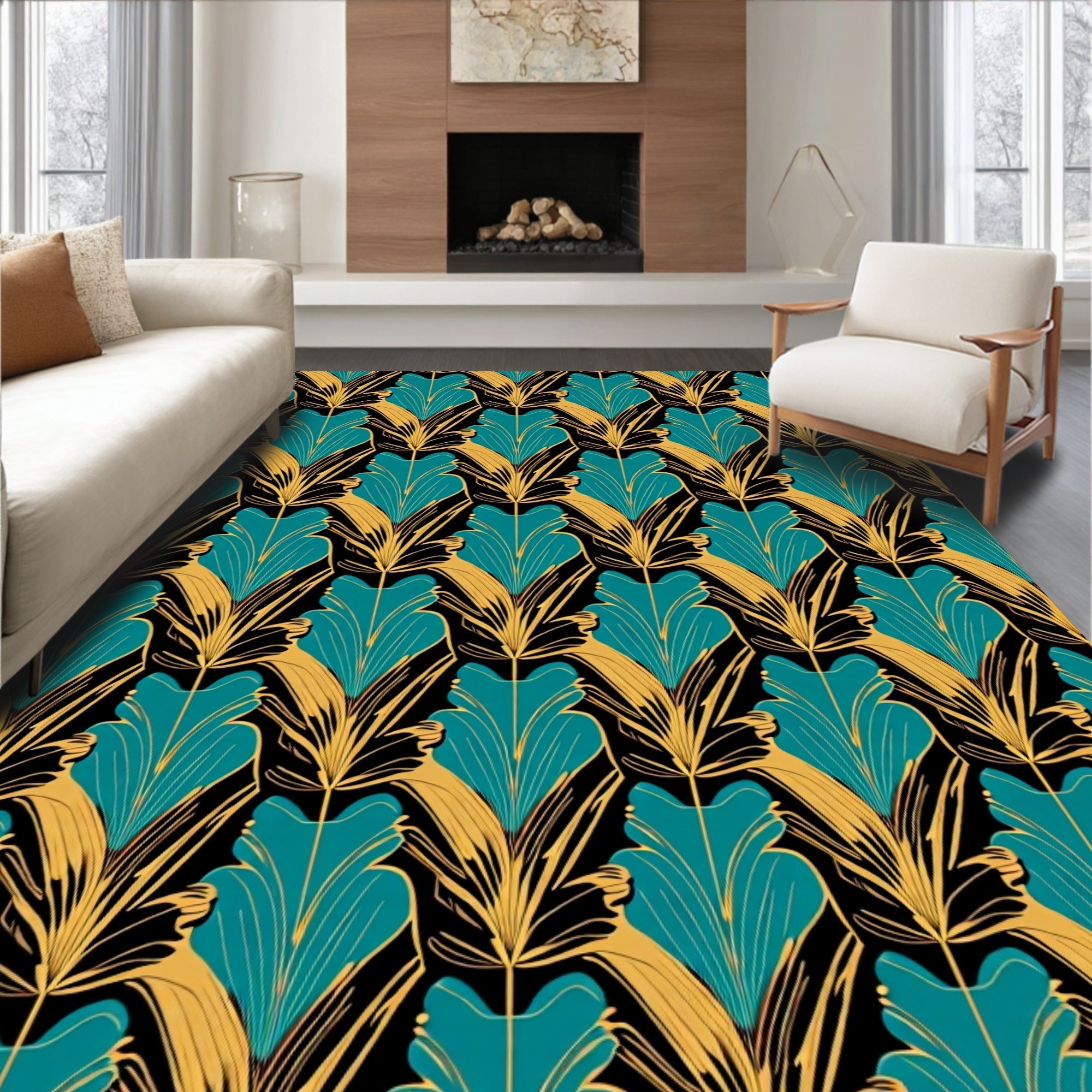 Art Deco Teal Gold Floral Pattern Rug