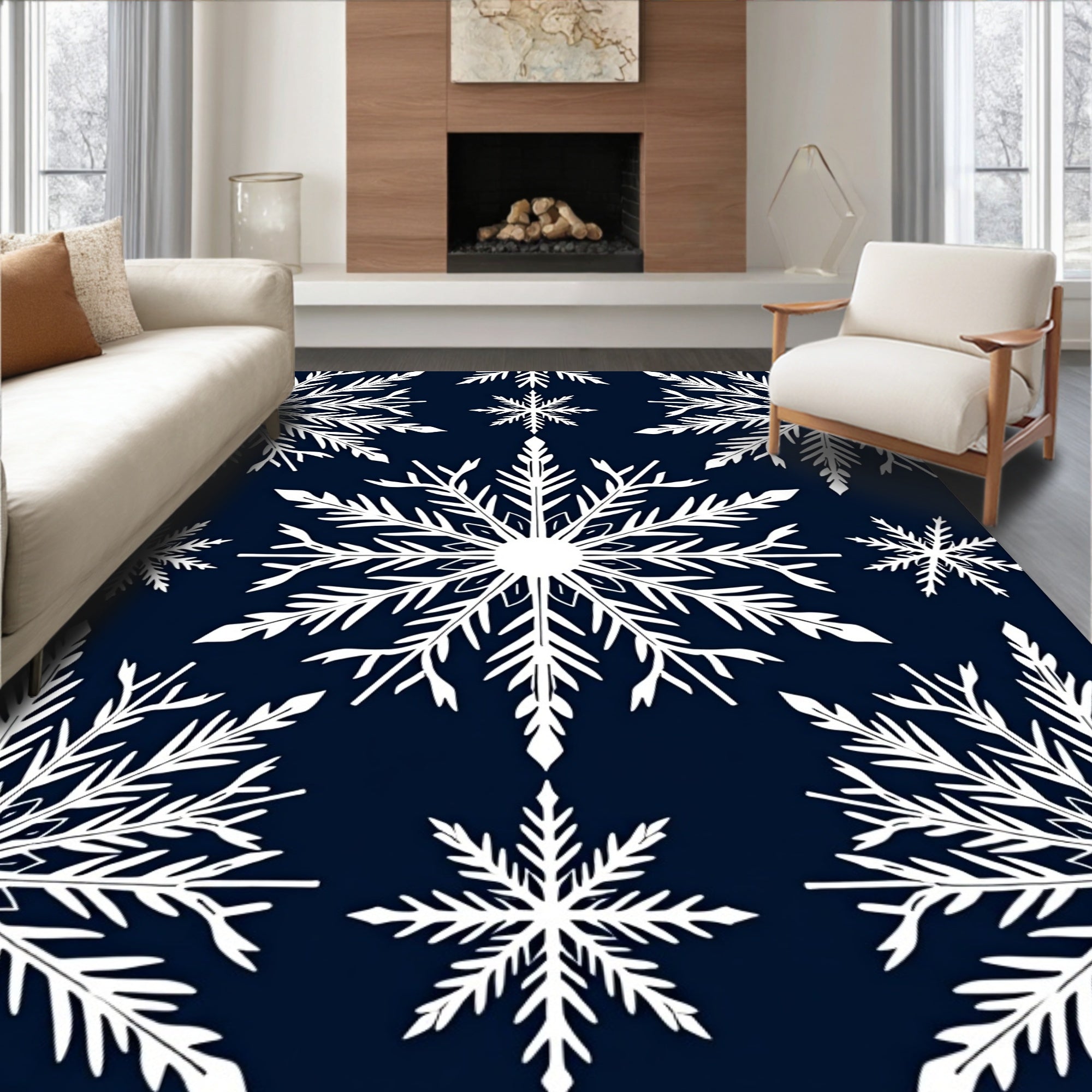 Winter White Snowflake Navy Blue Rug
