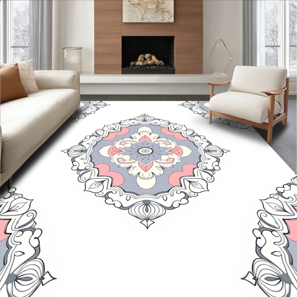 Pink Gray White Floral Mandala Pattern Rug
