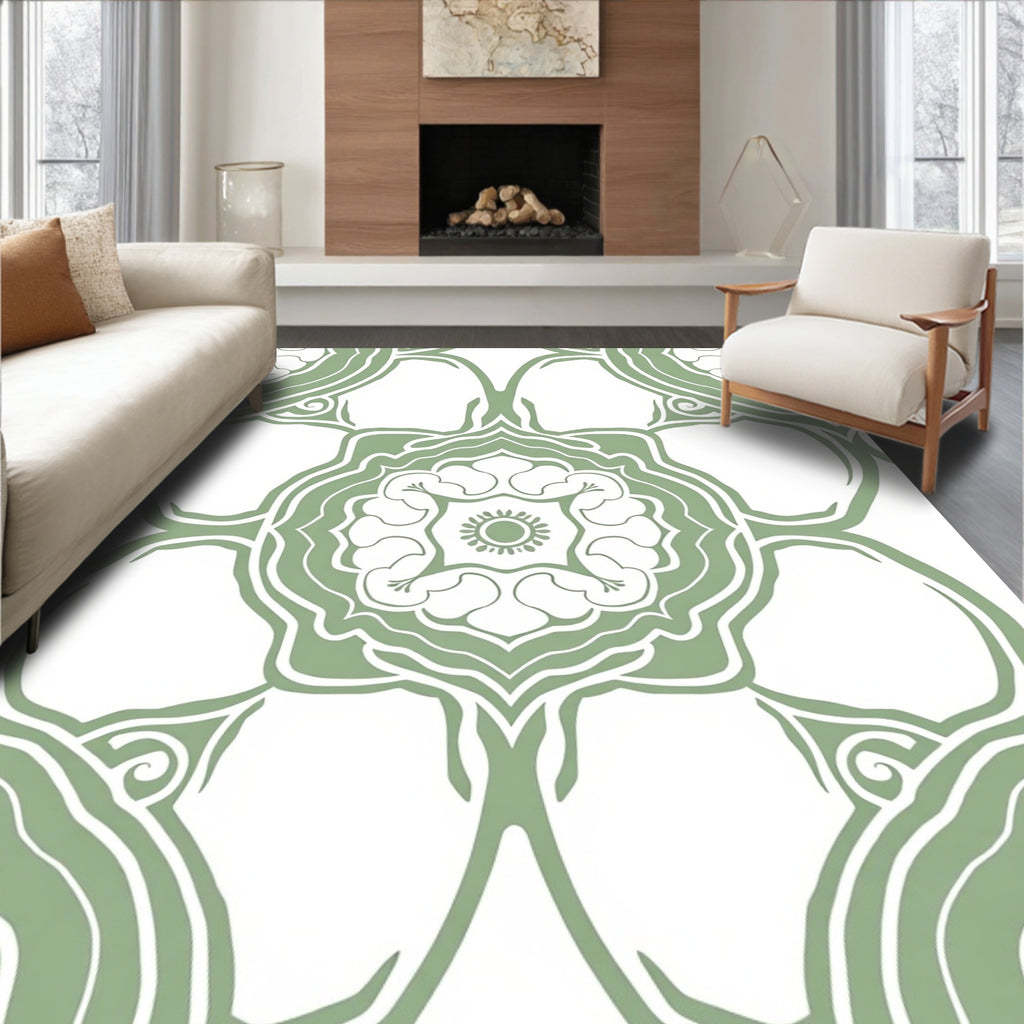 Sage Green Floral Mandala Pattern Rug