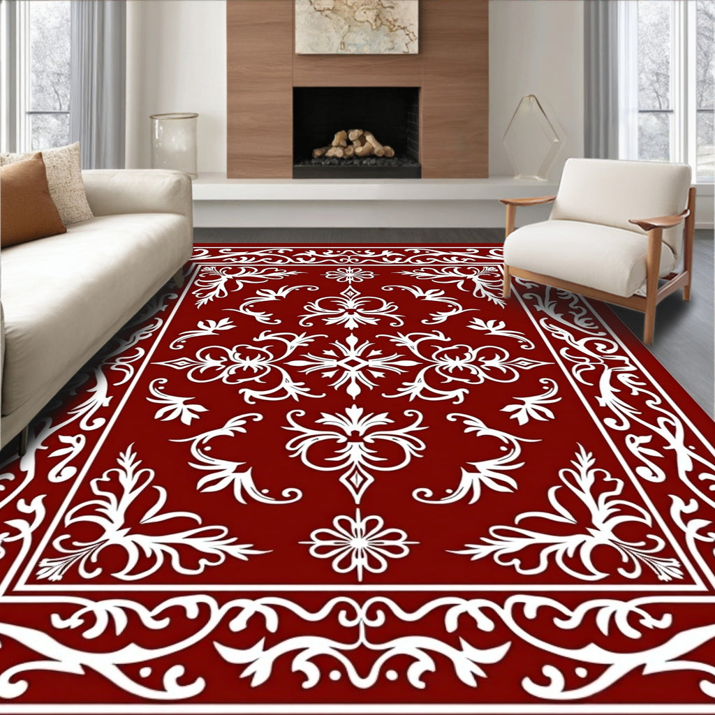 Elegant Red White Floral Border Rug