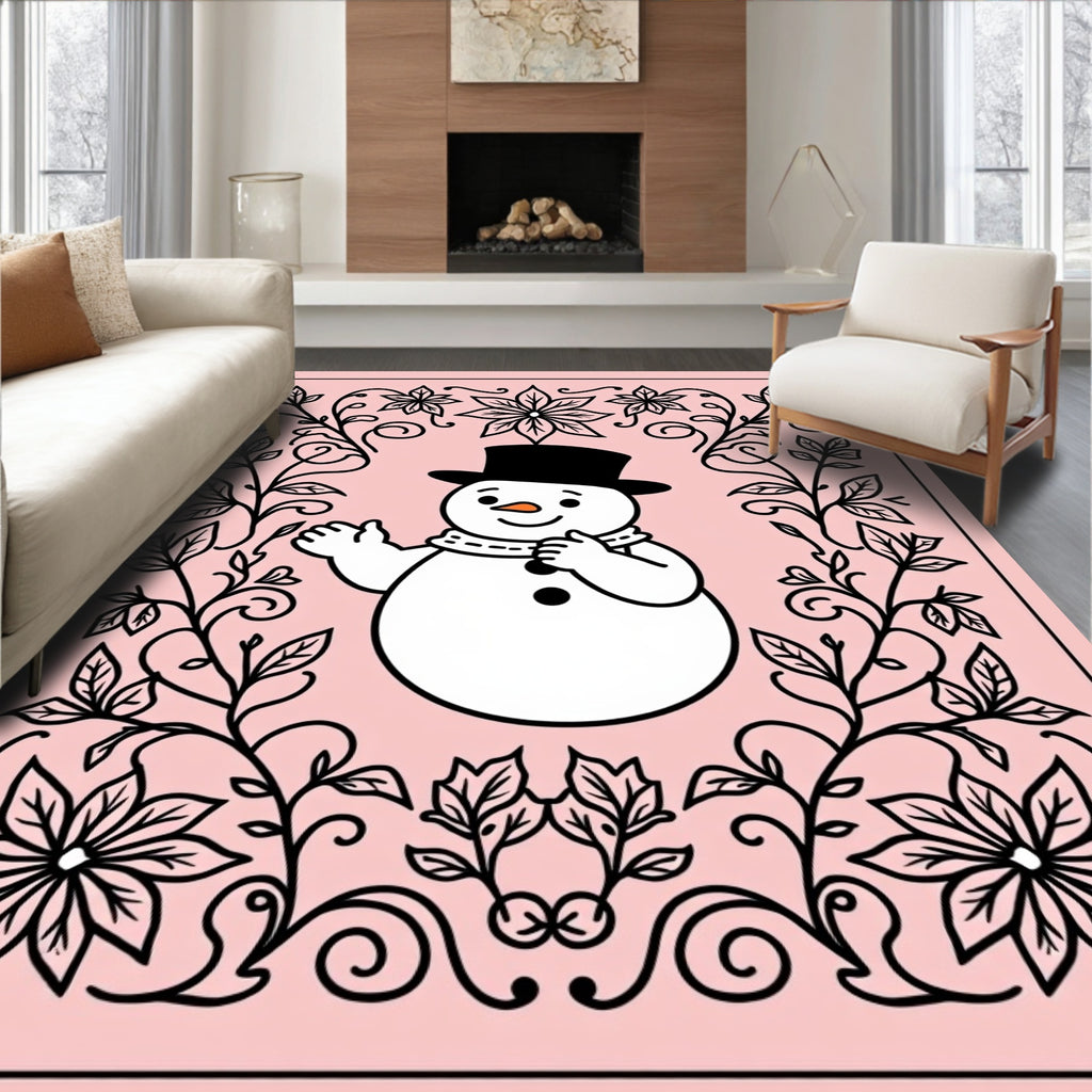 Charming Snowman Floral Frame Pink Rug