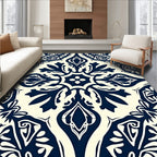 Deep Blue And Cream Intricate Floral Pattern Rug