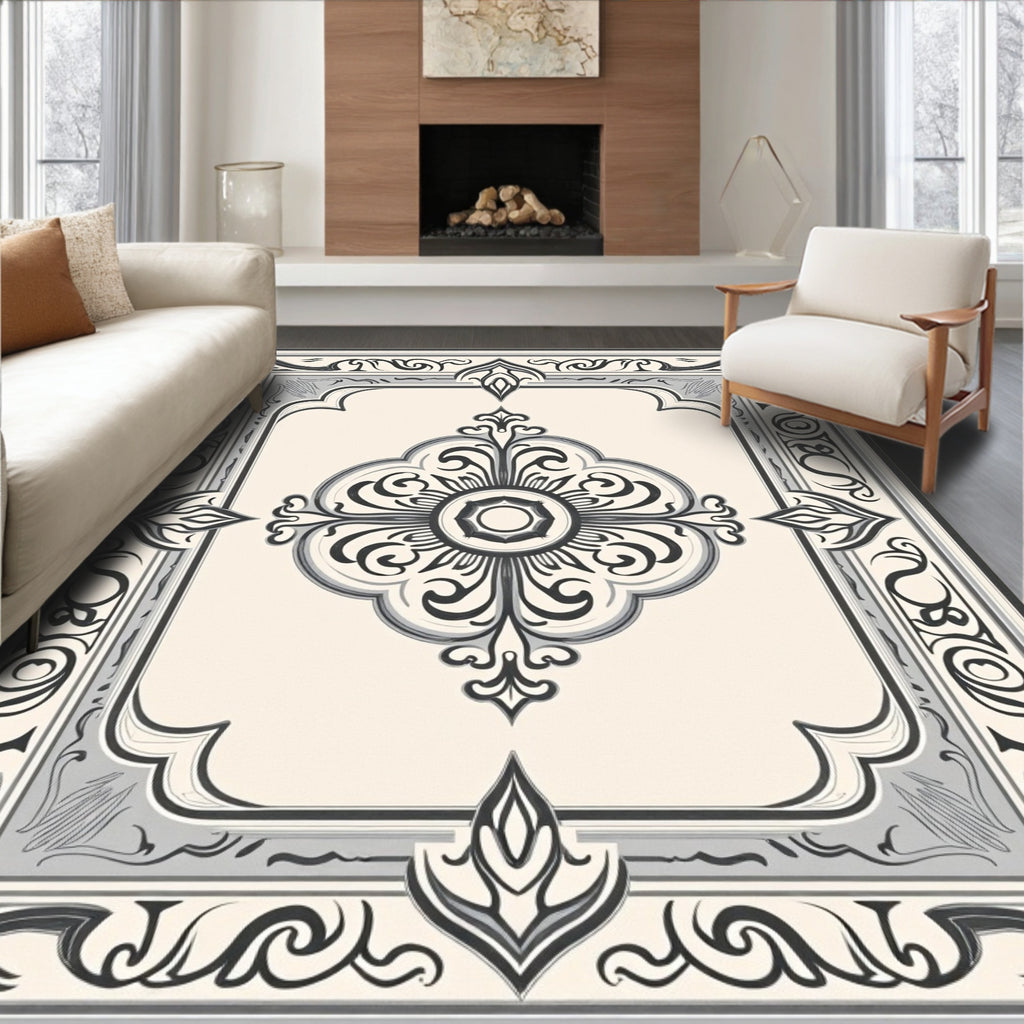 Monochromatic Vintage Floral Symmetry Rug