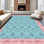 Aqua Damask Floral Border Rug