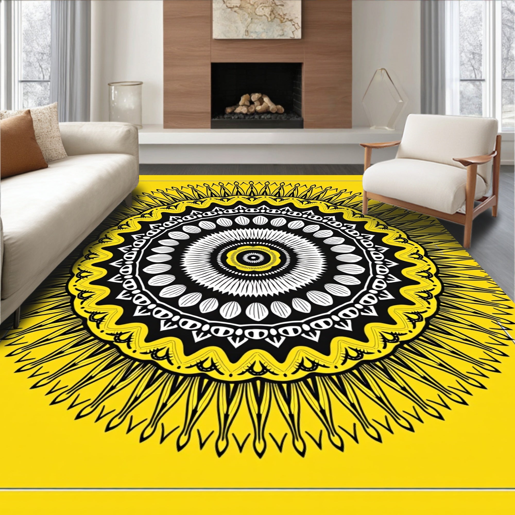 Radiant Yellow Sunburst Geometric Motif Rug