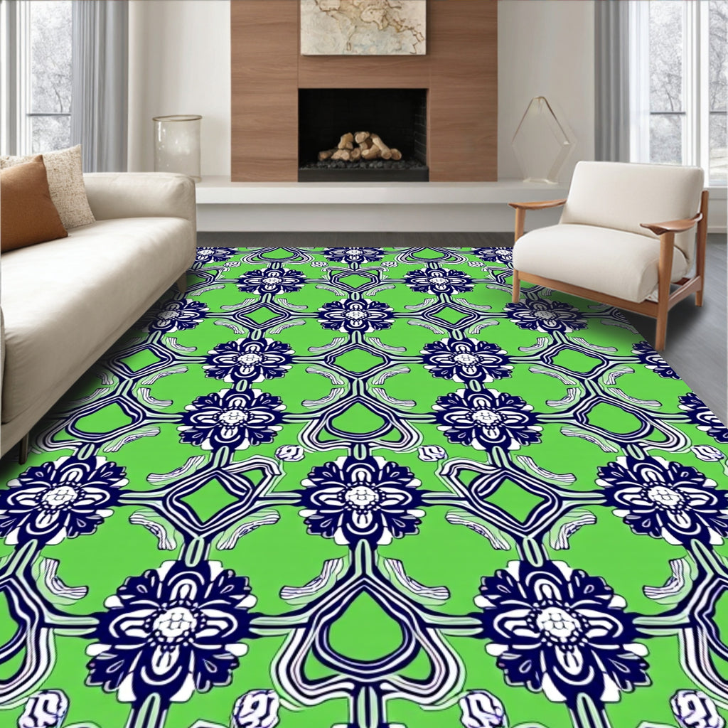 Art Nouveau Floral Navy Geometric Pattern Rug