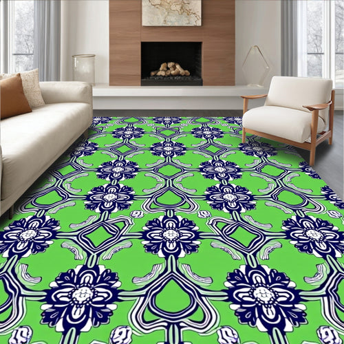 Art Nouveau Floral Navy Geometric Pattern Rug
