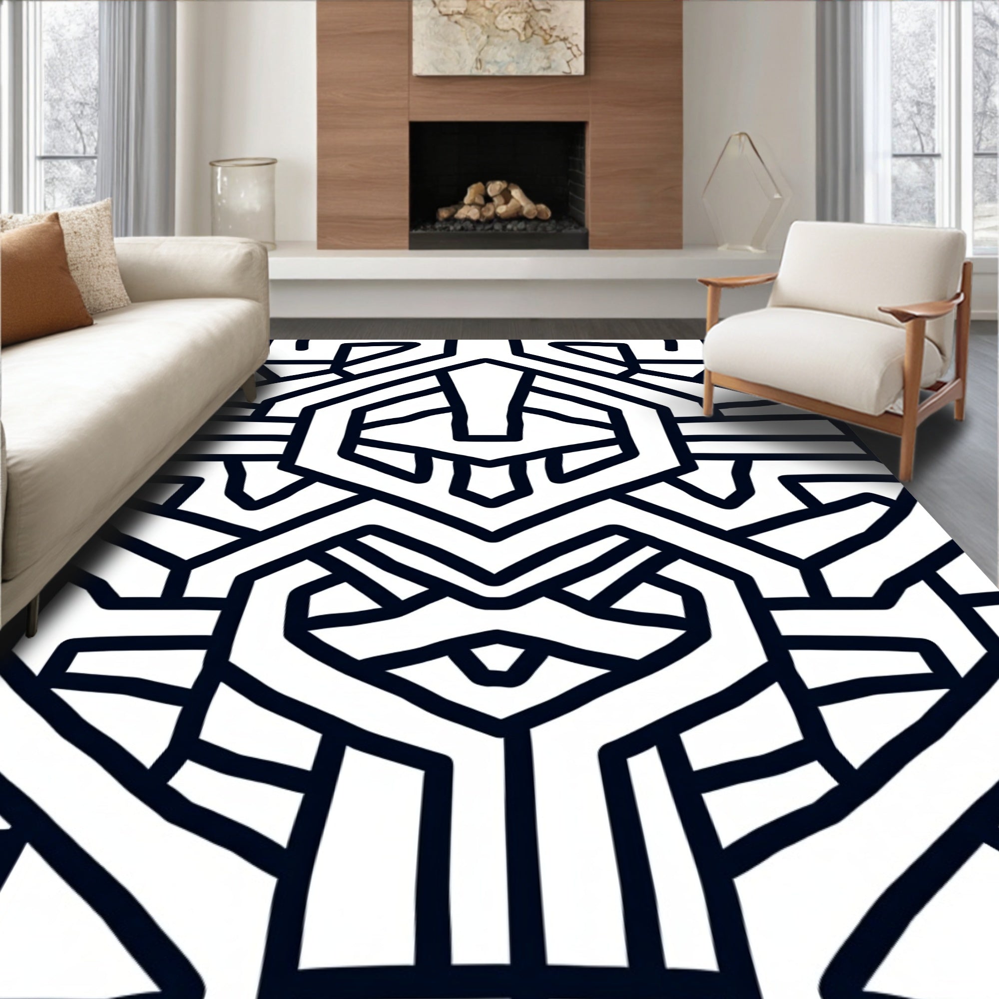 Bold Linear Geometric Maze Pattern Rug