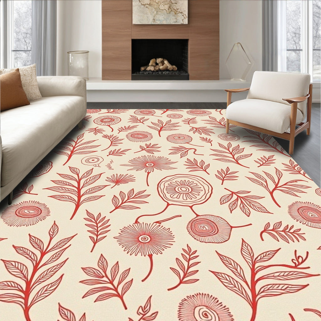 Red Floral Line Art Pattern Rug