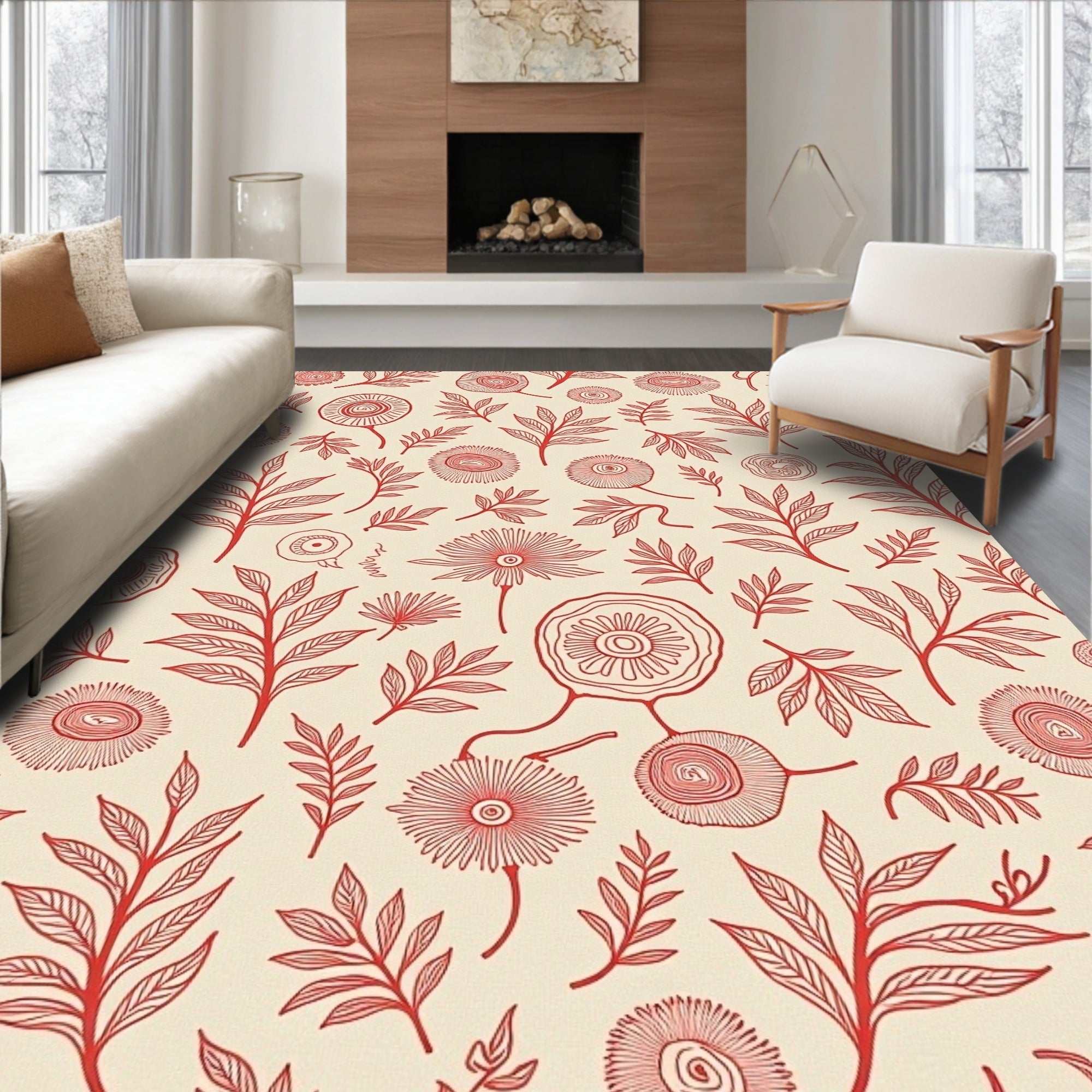 Red Floral Line Art Pattern Rug