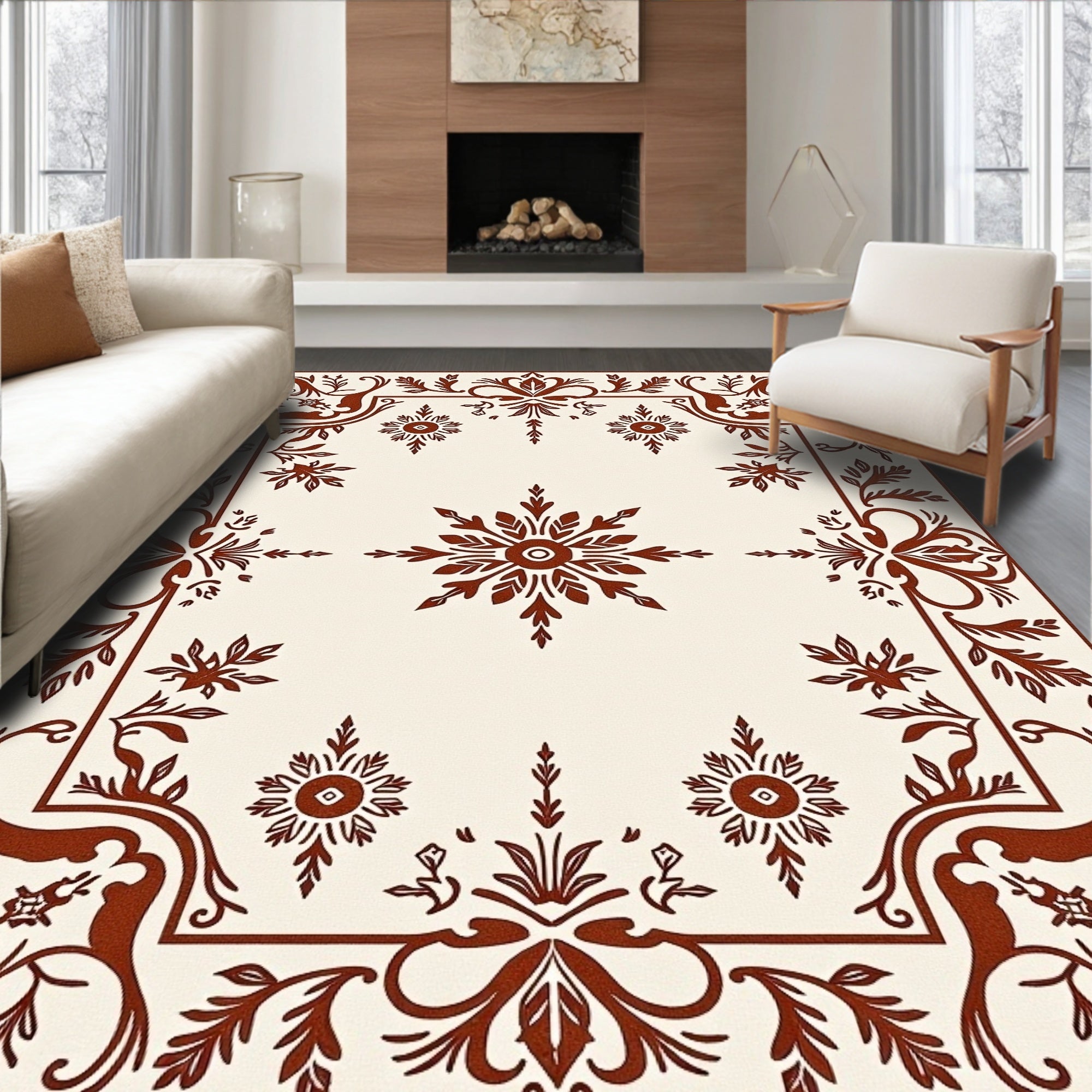Rich Brown Floral Vine Border 4 Panels Rug