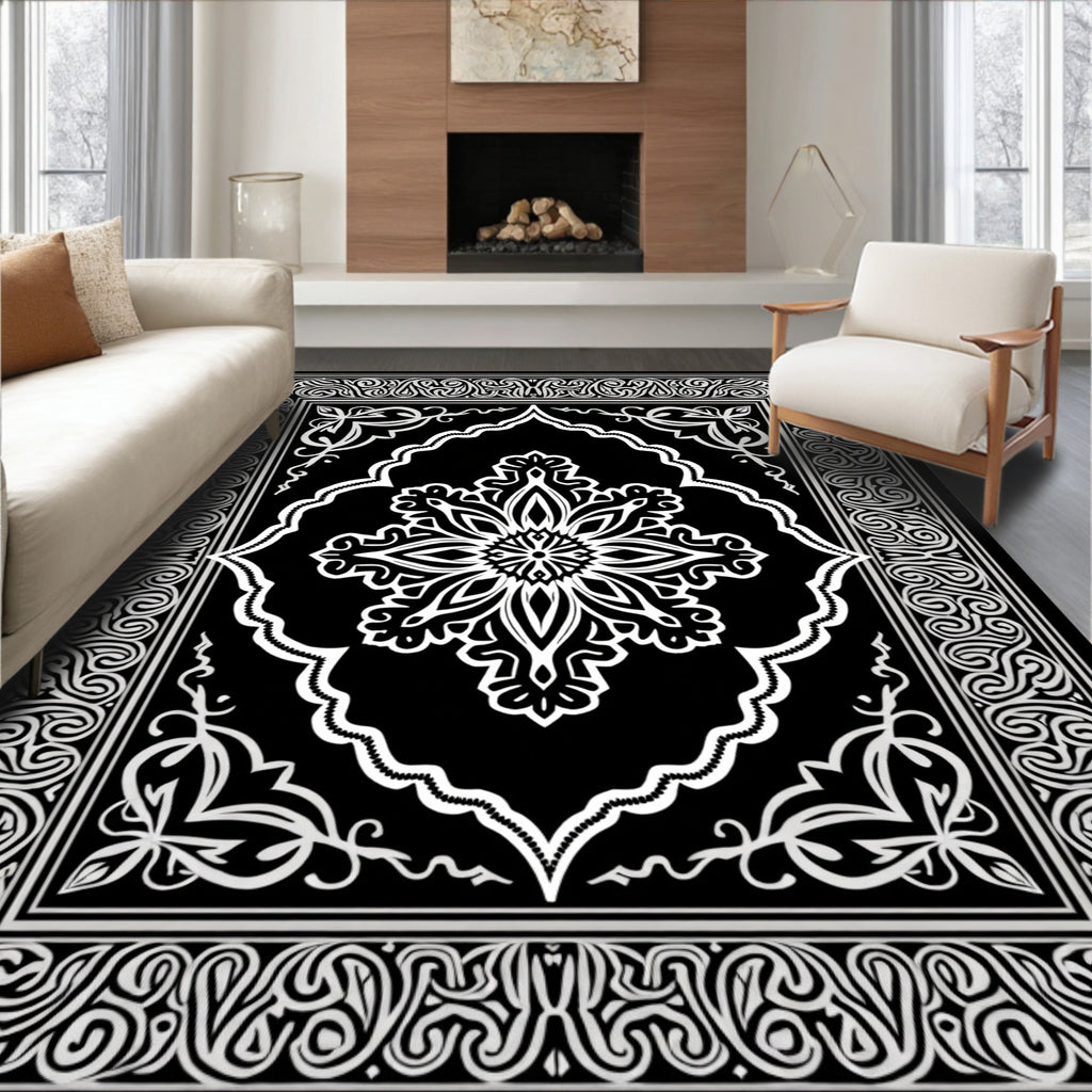 Ornate White Floral Black Pattern Rug
