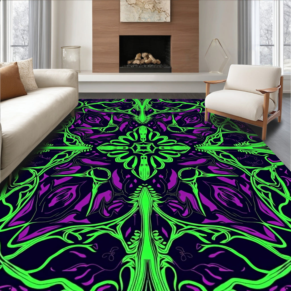 Vibrant Green Purple Organic Flow Rug