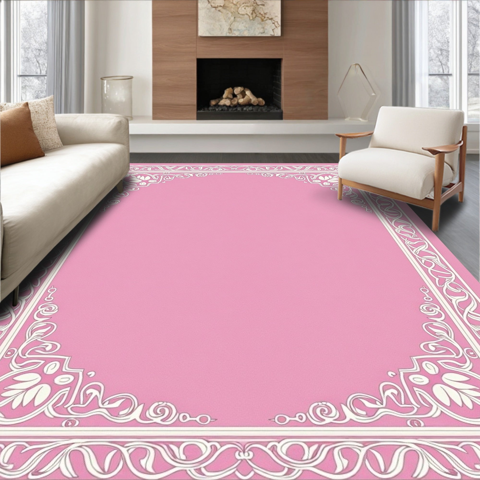 Ornate Floral Scroll Border Design Rug