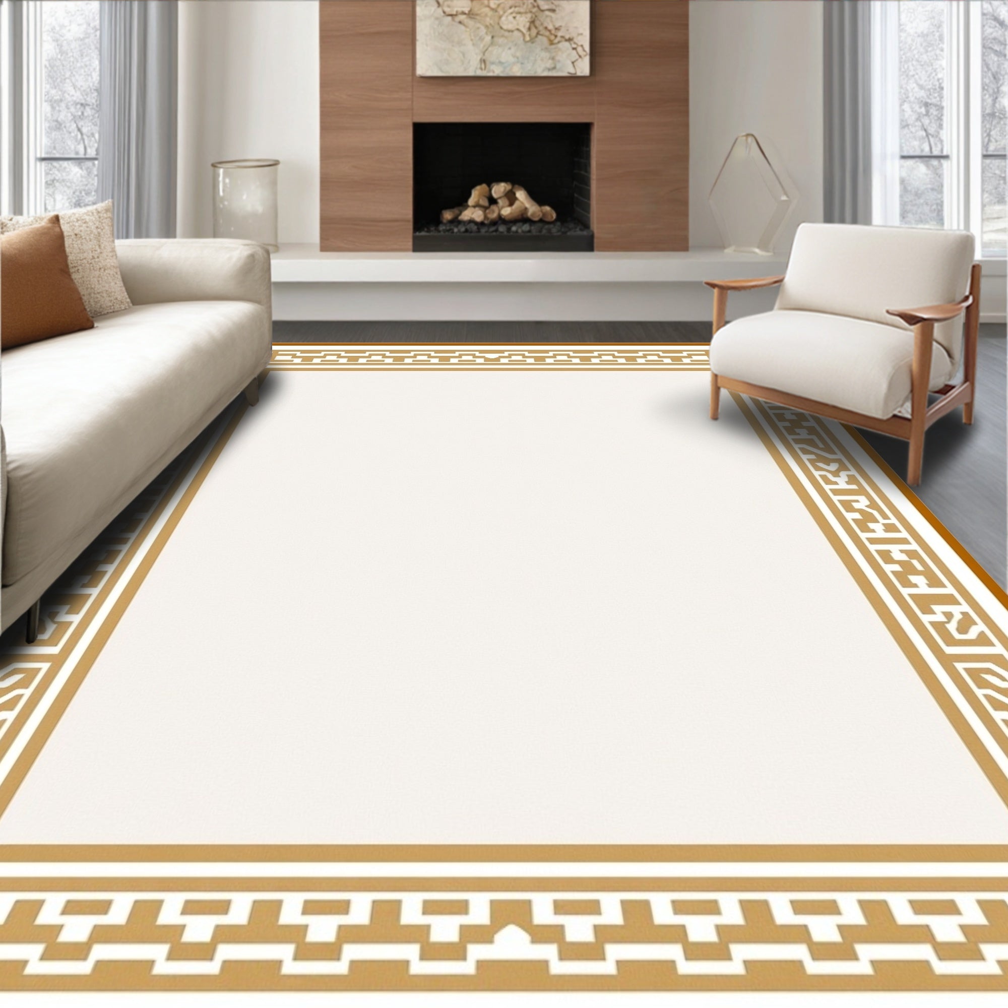 Golden Geometric Border Design Rug