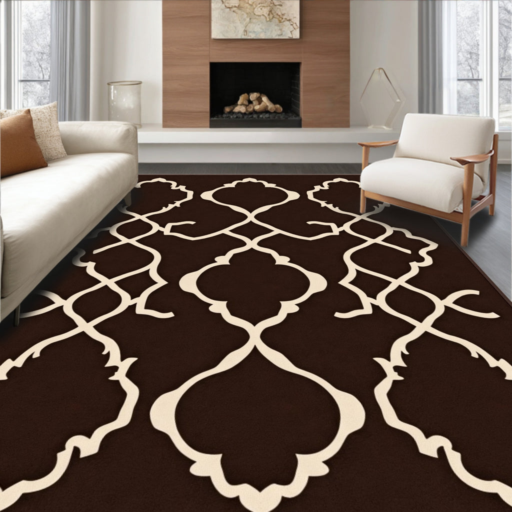 Brown Cream Arabesque Geometric Pattern Rug